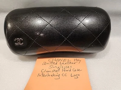 CHANEL Black Quilted Leather Clamshell Sunglasses Hard Case CC Logo, Italy - Image 1 of 4