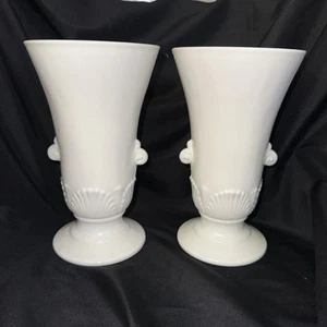 Pair Of Vintage Art Deco Uranium Shell Vitrock Vase Custard Milk Glass 1930's - Picture 1 of 13