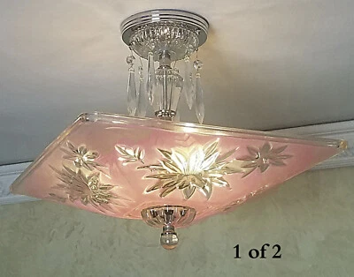 372b Vintage mid-century modern Ceiling Light fixture lamp glass shade 40's 50's - Image 1 of 4