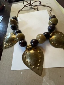 Vintage 1970s  Bronze Metal & Wood Necklace Very Rare. Ref#Spec-2 - Picture 1 of 7