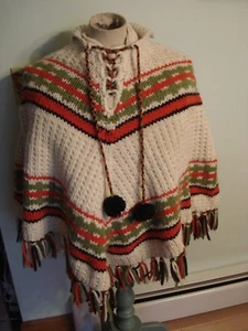Vintage Crochet Heavy Thick Yarn Ivory, Striped 70's Boho Hippie Poncho - Picture 1 of 4