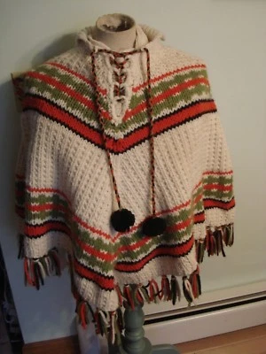 Vintage Crochet Heavy Thick Yarn Ivory, Striped 70's Boho Hippie Poncho - Image 1 of 4