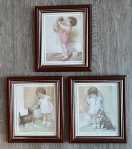 Bessie Pease Gutmann Set Of Three Girl & Puppy Lithograph Wood Framed USA Signed - Picture 1 of 12
