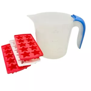 3 Qt Plastic Pitcher With Blue Handle and 3 Star-Shaped Ice Cube Trays Red White - Picture 1 of 9