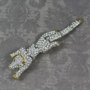 Vintage Clear Rhinestone Green Eyed Gold Jaguar Linked Figural Brooch - Picture 1 of 6