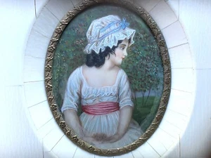 Retrato en miniatura del centavo 19 firmado hermoso joven soñadora gorro tanzend - Imagen 1 de 12