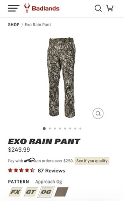 Badlands Exo Hunting Rainproof Pants Sz Large Waterproof Approach Camo Brand New - Image 1 of 4