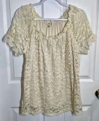 Cleo Kia Ivory Floral Lace Top Womens XL Lined Fairy Cottage Coquette Angel - Image 1 of 4