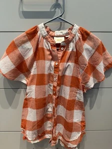 Anthropologie Maeve cotton button up Shirt with flutter sleeves small orange - Picture 1 of 7