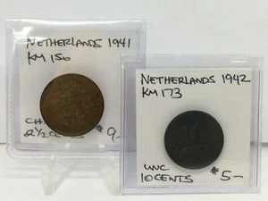 2PC Set of Netherlands 1941 2 1/2 Cents Ch. BU and Netherlands 1942 10 Cent UNC - Picture 1 of 7