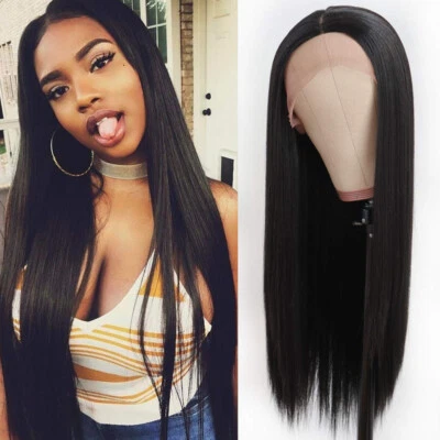 Heat Resistant Synthetic Lace Front Wigs Long Black Straight Glueless Soft Hair - Image 1 of 4