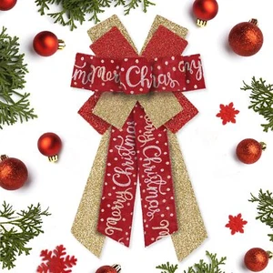 Large Christmas Wreath Bow Golden Red Burlap Tree Topper for Holiday Decor - Picture 1 of 6