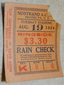 19 de agosto de 1924 Boleto de boxeo al aire libre Nostrand A.C. Brooklyn's Arena Ringside - Imagen 1 de 2
