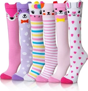 Girls Knee High Socks,Cute Animal Cotton Long Socks 6 Pairs, 3-12 Years - Picture 1 of 6