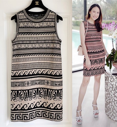 NUOVO $2100 CHANEL 18C PARIS GRECIA BEIGE NUDO NERO MAGLIA ABITO SENZA MANICHE 36