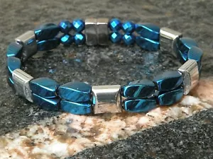 100 % magnetisch blau n silber Hämatit Armband Fußkett Halskette 2 Reihen therapeutisch - Bild 1 von 5