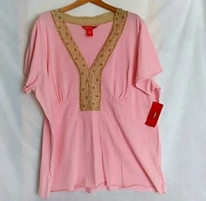 Women's Plus Blouse Short Sleeve Pink V Neck With Beaded Sequin Accent - Picture 1 of 16
