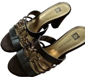 Anne Klein Iflex Womens Sandals 7M Brown Block Heels Leather Slip Ons Heel 3” - Picture 1 of 9