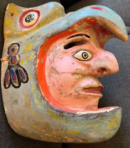 Maschera danza messicana legno dipinto antico aquila cavaliere azteca danza guerriero nahua - Foto 1 di 17