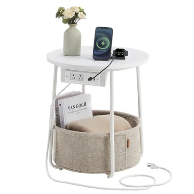 LILEA Collection - Side Table with Charging Station, Round End Table with Fab... - Image 1 of 4