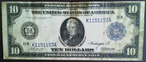 1914 Large Size $10 Federal Reserve Note Dallas Texas Fancy Ser # K1151153A - Picture 1 of 6