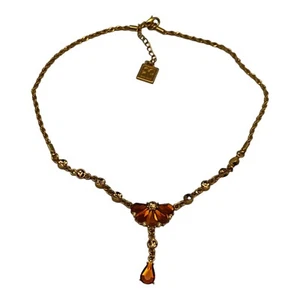 Vintage Art Deco Dark Orange Floral Rhinestones Necklace - Picture 1 of 10