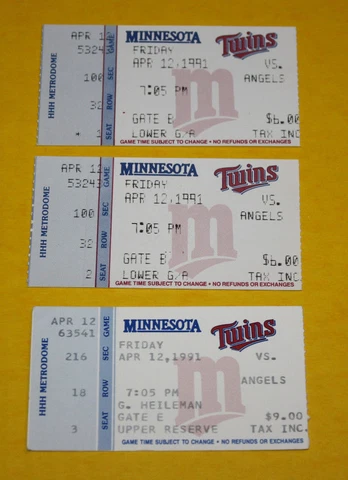 Minnesota Twins Ticket Stub | April 12 1991 | Kent Hrbek Kirby Puckett Hit Cover