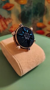Sterling Silver Mars & Valentine Blue Textured Pressed Glass Round Ring - 6.75 - Picture 1 of 8