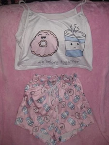 Women's Small Pink/Blue Polyester Pajamas/Short Set Crop Top Donuts/Coffee - Picture 1 of 2