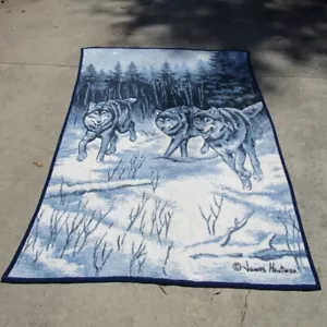 Vintage Biederlack Wolf Throw Blanket James Hartman Acrylic 75"x55" - Picture 1 of 8