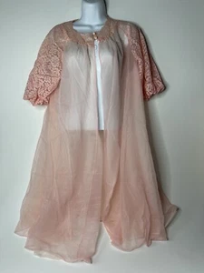 1960's Womens  Sheer Pink Nylon Lace Chiffon Robe - Picture 1 of 6