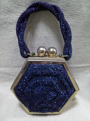 Vtg 40's Fre Mor 6 Side SPIDERWEB Design Beaded Box Bag Purse Blue Carnival RARE - Image 1 of 4