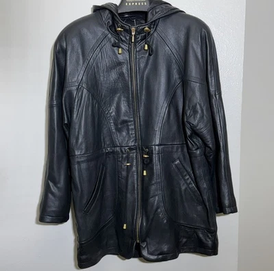Экспресс винтажный черный мягкий кожаный жакет с капюшоном размер XS Тренч - Изображение 1 из 4