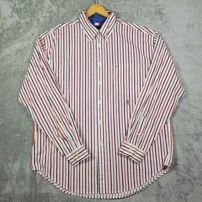 Vintage Tommy Hilfiger Shirt Mens XL Button Down White Red Blue Striped Crest - Image 1 of 4