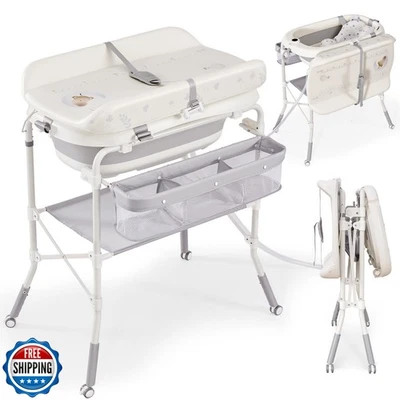 DZMDIP Bañera para Bebé con Cambiador Plegable, Bañera Infantil de Pie para Foto 1 de 4