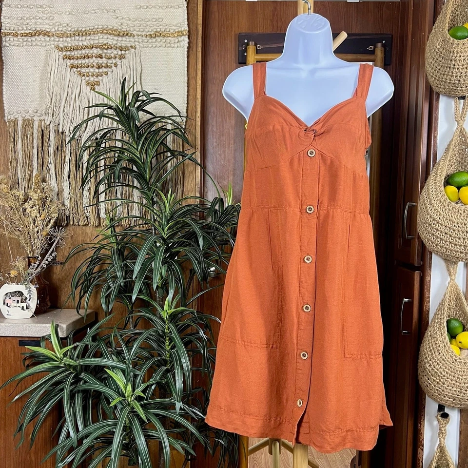Anthropologie Maeve Twist Front Linen Mini Dress L | Terracotta Button Sundress - Image 1 of 4