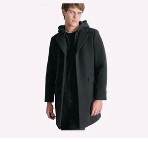DKNY Mens Wool Blend Black Coat W/Removable Hood Size Large NEW - Picture 1 of 12