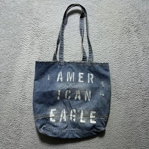 American Eagle Denim Bag Blue Carryall Everyday Branded Distressed Shopper Tote - Picture 1 of 8
