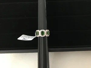 Emerald cut Green Chrome Diopside 3 stone ring with White Zircon - Picture 1 of 6