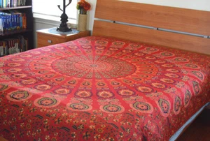 Cotton Red Green Color Block Print Floral Paisley Flat Bed Sheet from India - Picture 1 of 5