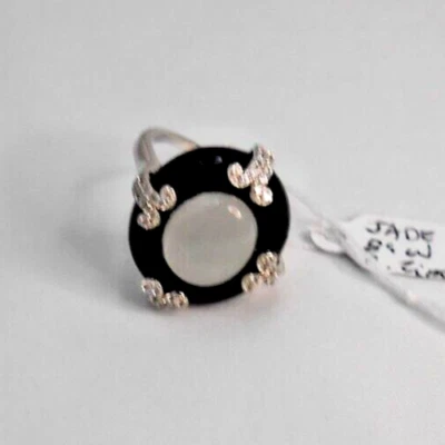 Black and White Jadeite Jade Ring in Sterling Silver, Size 9, 7 g - Image 1 of 4