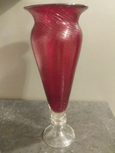 Stunning Red, Ribbed Swirl, Glass Pedestal Vase 16" tall Hand-Blown Gorgeous! - Picture 1 of 11