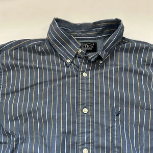 Nautica Dress Shirt Mens Large Blue Button Down White Yellow Stripes Long Sleeve - Picture 1 of 8