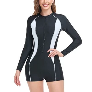 Women's One Piece Rash Guard Long Sleeve Boyshort UV Protection Surf Swimsuit - Picture 1 of 16