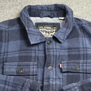 Levis Full Zip Heavy Flannel Lined Jacket Mens Size M Navy Blue Plaid - Picture 1 of 11