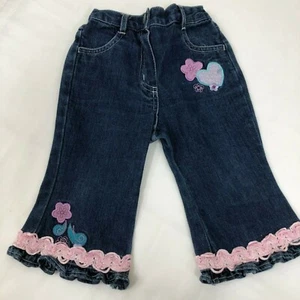 Girls NEXT Denim Jeans Pants Elastic waist 6-9 M Floral Embroidered Ruffles - Picture 1 of 6