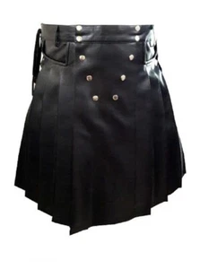 Black Leather Gladiator Kilt Pleated Utility Pockets Flat Front Wrap - Waist 34" - Picture 1 of 4
