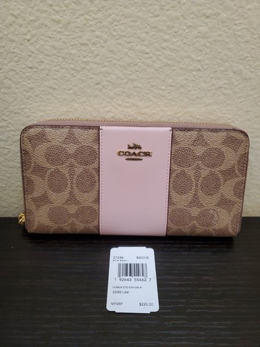 Coach Signature Coated Canvas Colorblock Accordion Zip Wallet Khaki Pink EUC!