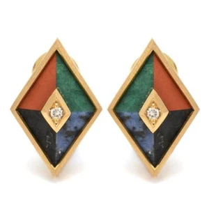 18K Yellow Gold Diamond, Sodalite, Malachite, Jasper, and Feldspar Earrings - Picture 1 of 5