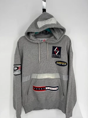 Vintage 80s Perry Ellis America Gray Patchwork Logo USA Flag Hoodie Men's Sz  M - Image 1 of 4